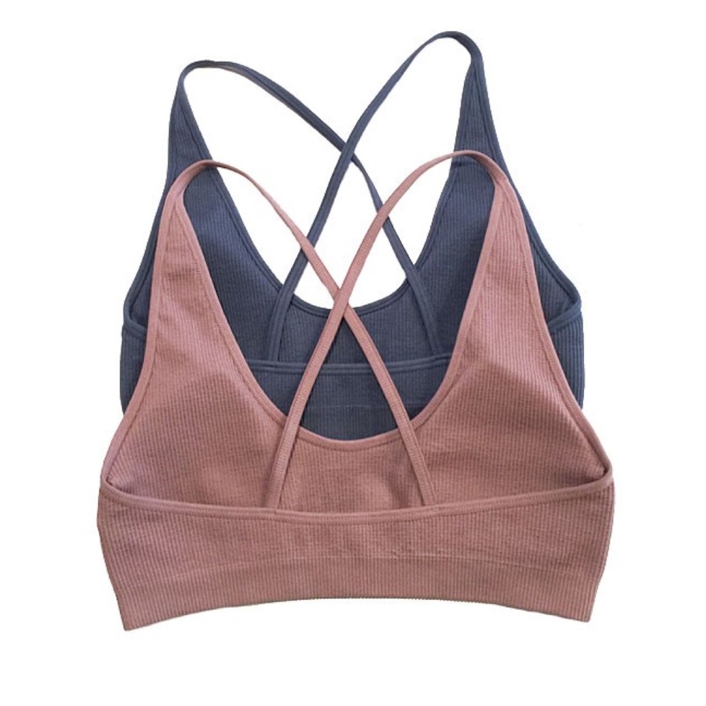 Black Removable Padded Seamless Ribbed Criss Cross Back Bralette - Picture 2 of 3